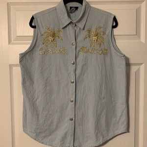 Vintage palm trees sleeveless button down blouse
